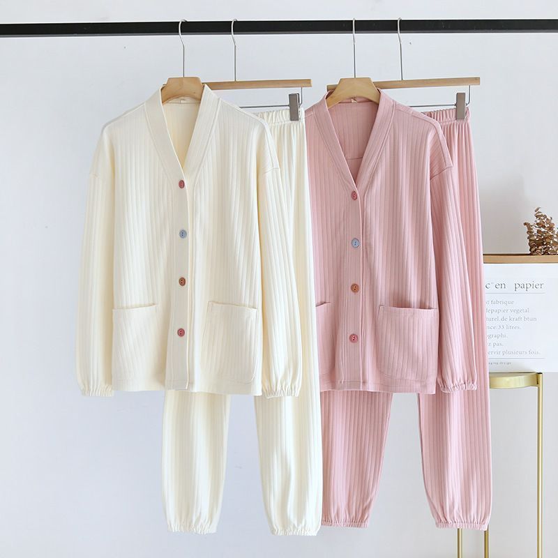 パジャマ ルームウェア 綿100％ 厚手 レディース 上下セット 2点セット 長袖 前開き Vネック ロングパンツ コットン パジャマ 厚手 暖かい 春秋冬 部屋着 ホームウェア 寝間着 ナイトウェア ゆったり 柔らか