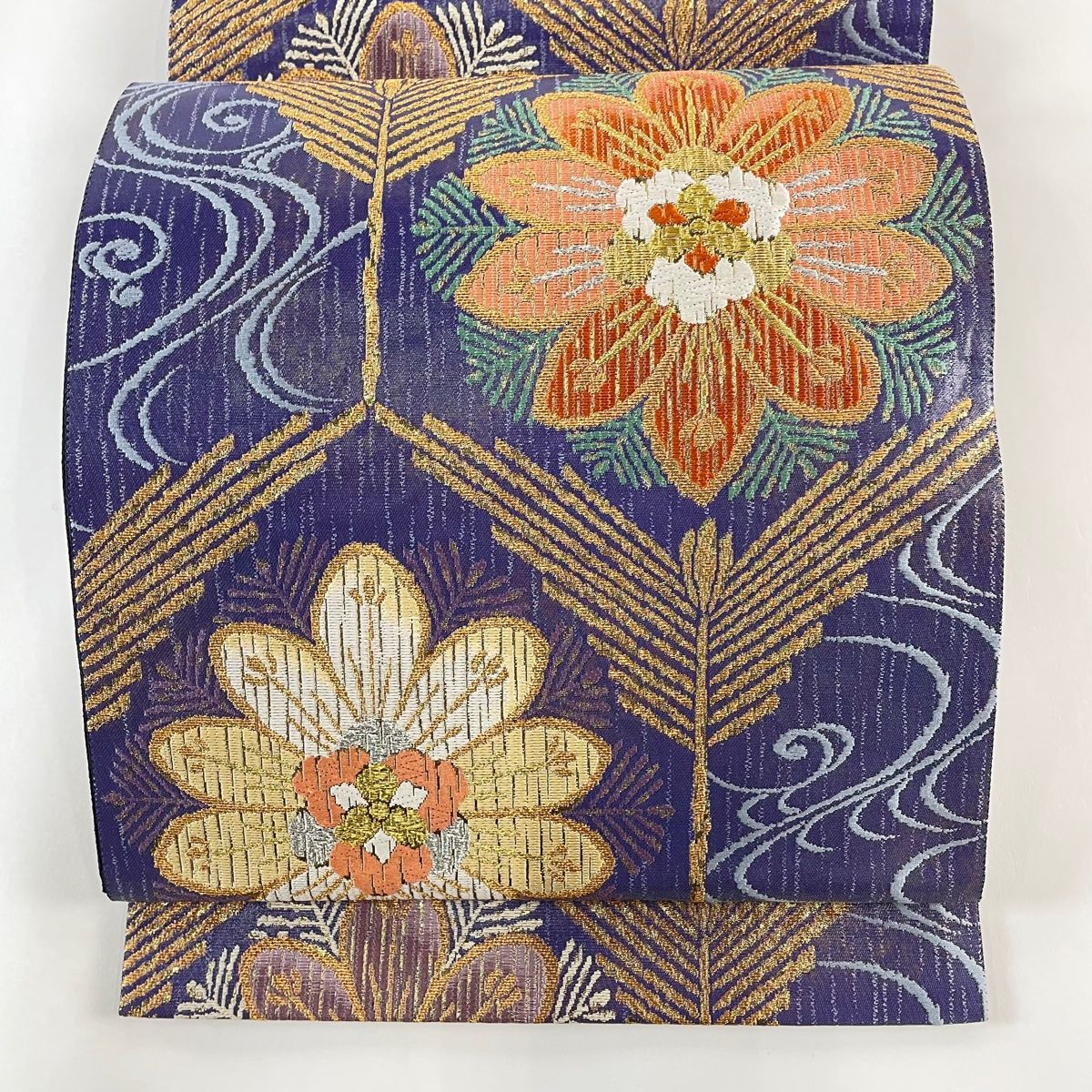 袋帯 美品 秀品 松取亀甲に彩華文 金銀糸 箔 青紫 六通 正絹