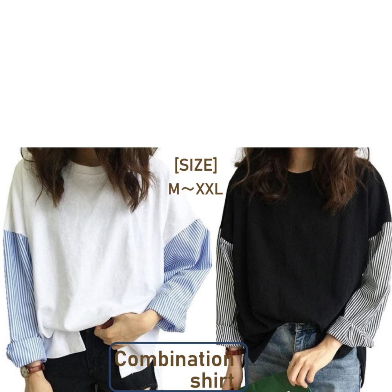 【人気商品】ドッキング ストライプ 袖 レイヤード ブラウス シャツ 風 t [ニブンノイチプラス] レディース [1/2plus]