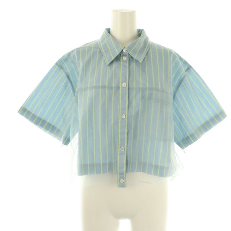 メゾンスペシャル MAISON SPECIAL See-through Layered Tulle Shirt 半袖シャツ ストライプ F サックスブルー イエローグリーン /DF ■OS メゾンスペシャル MAISON SPECIAL See-through Layered Tulle