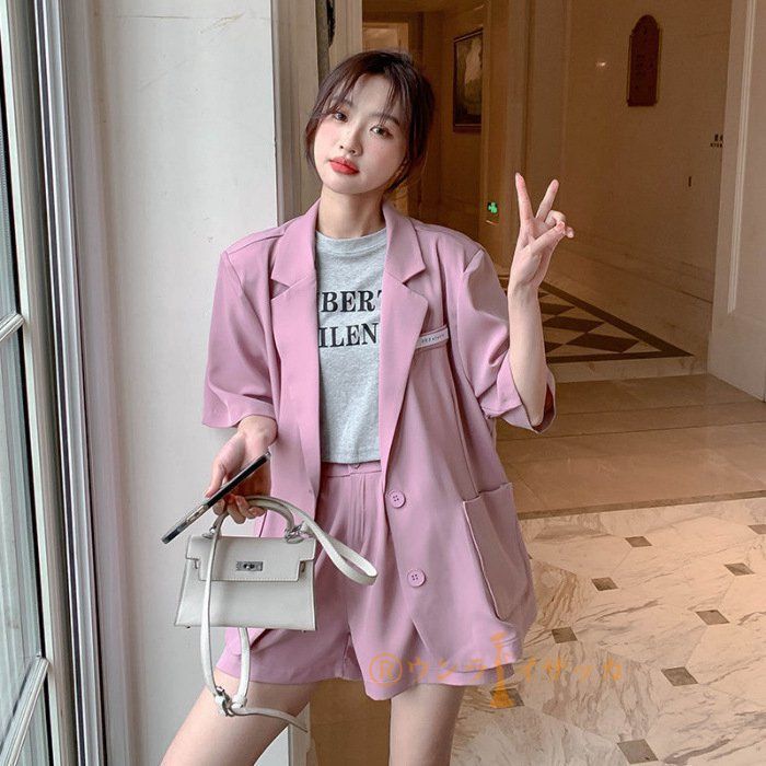 Sakura＊　テーラードジャケット&クロップドパンツ 2着セット セットアップ パンツセット 新作 薄手 春 夏 ショート パンツ 5