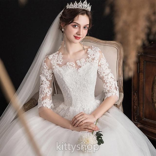ウェディングドレス 袖あり ホワイトドレス エレガント 結婚式ドレス 7分袖 ロング丈 ロングドレス 白 Aライン 二次会ドレス 披露宴