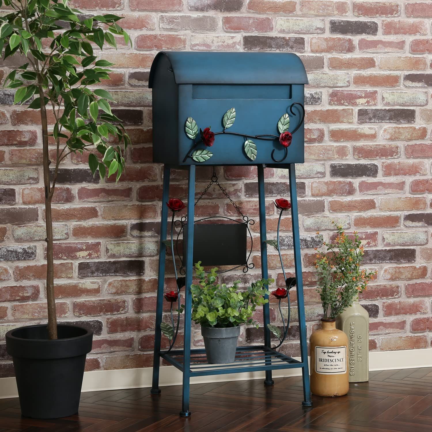 不二貿易 メールボックス 郵便受け ポスト 幅40.5×奥行33×高さ102cm ブルー 横型 スチール 棚付き 黒板付き ローズ 96760