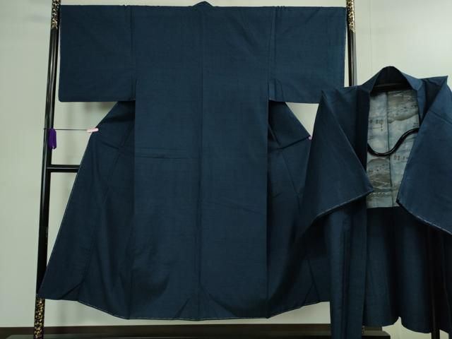 平和屋着物 上 男性 紬 アンサンブル 長羽織 色無地 濃藍色 ♥ DZAB0107kh5