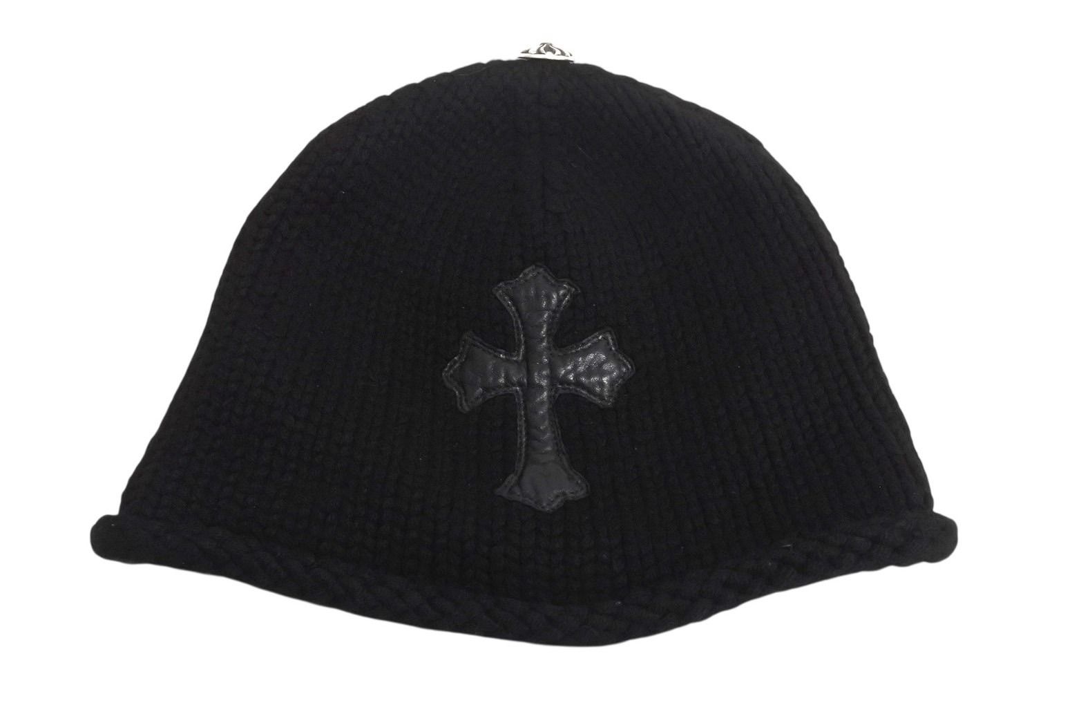 CHROME HEARTS クロムハーツ レザークロスパッチ クロスボール カシミヤビーニー ニット帽 レザー ブラック サイズOS 4b002356