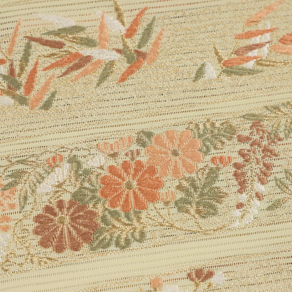 名古屋帯 夏帯 中古 カジュアル 絽 正絹 イエローベージュ 菊 藤の花