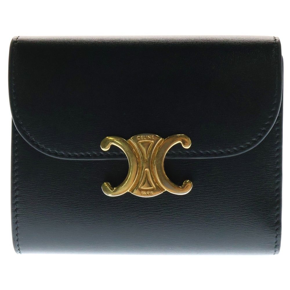 CELINE ブラックレザー コンパクト財布 CELINE (セリーヌ) トリオンフ レザー コンパクトウォレット