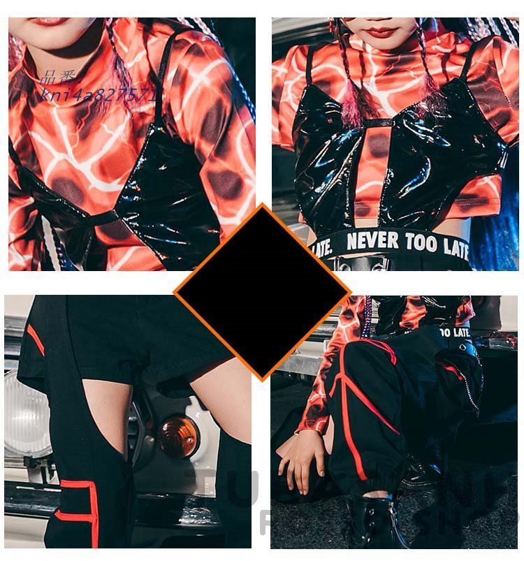 キッズ ダンス衣装 ガールズ ヒップホップ ジャズダンス 韓国 応援団 黒 トップス 練習着 へそ出し 火炎 アップチア チアガール セット パンツ kni4a827571