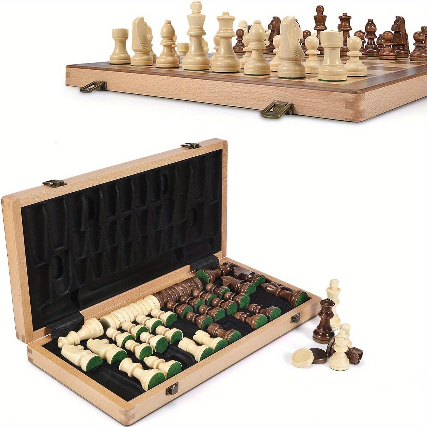 新着商品 15インチ/39cm 木製チェス&チェッカーセット重量調整されたチェスピース付き2つの追加の女王24個のチェッカーピース説明書チェスピース収納スロットクラシック2in1ボードゲームBZq