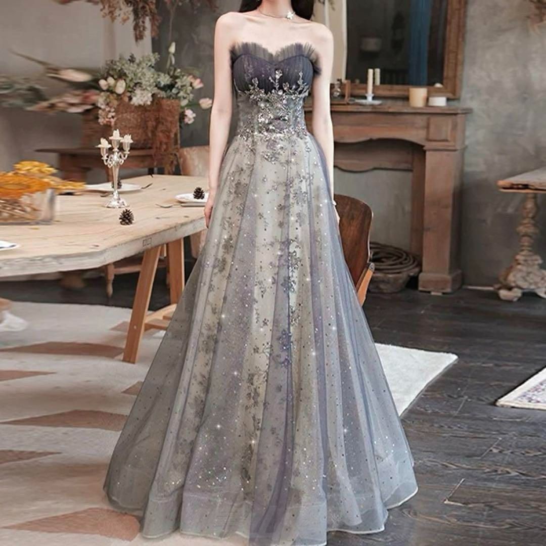  ベアとパフスリーブの2種類 お花柄イブニングドレス パーティードレス ドレス ブライダル