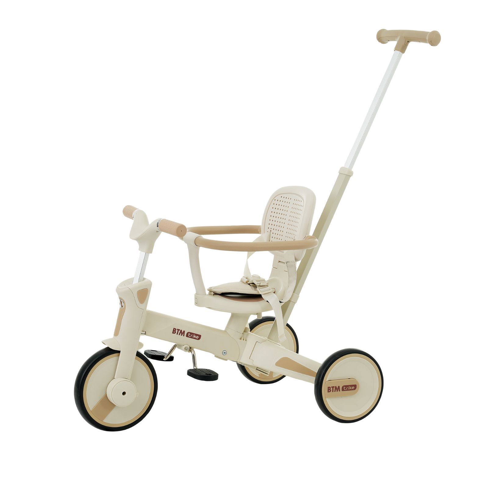 ワンタッチ折りたたみ 子供用三輪車｜ベージュ × ブラウンデザイン｜サンシェード 安全バー シートベルト付き｜コントロールバー搭載｜N509P192611A