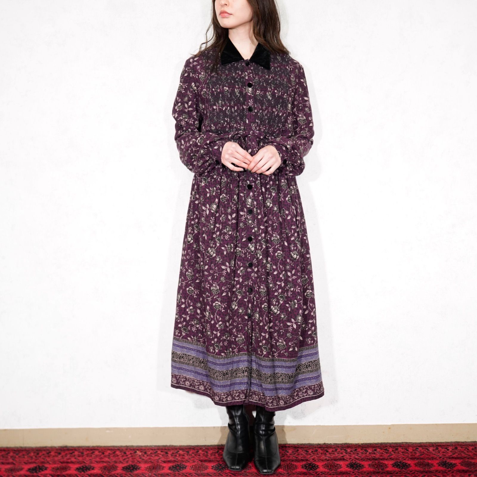 SPECIAL ITEM USA VINTAGE karin stevens FLOWER PATTERNED EMBROIDRY SMOCKING DESIGN ONE PIECE アメリカ古着花柄スモッキング刺繍デザインワンピース