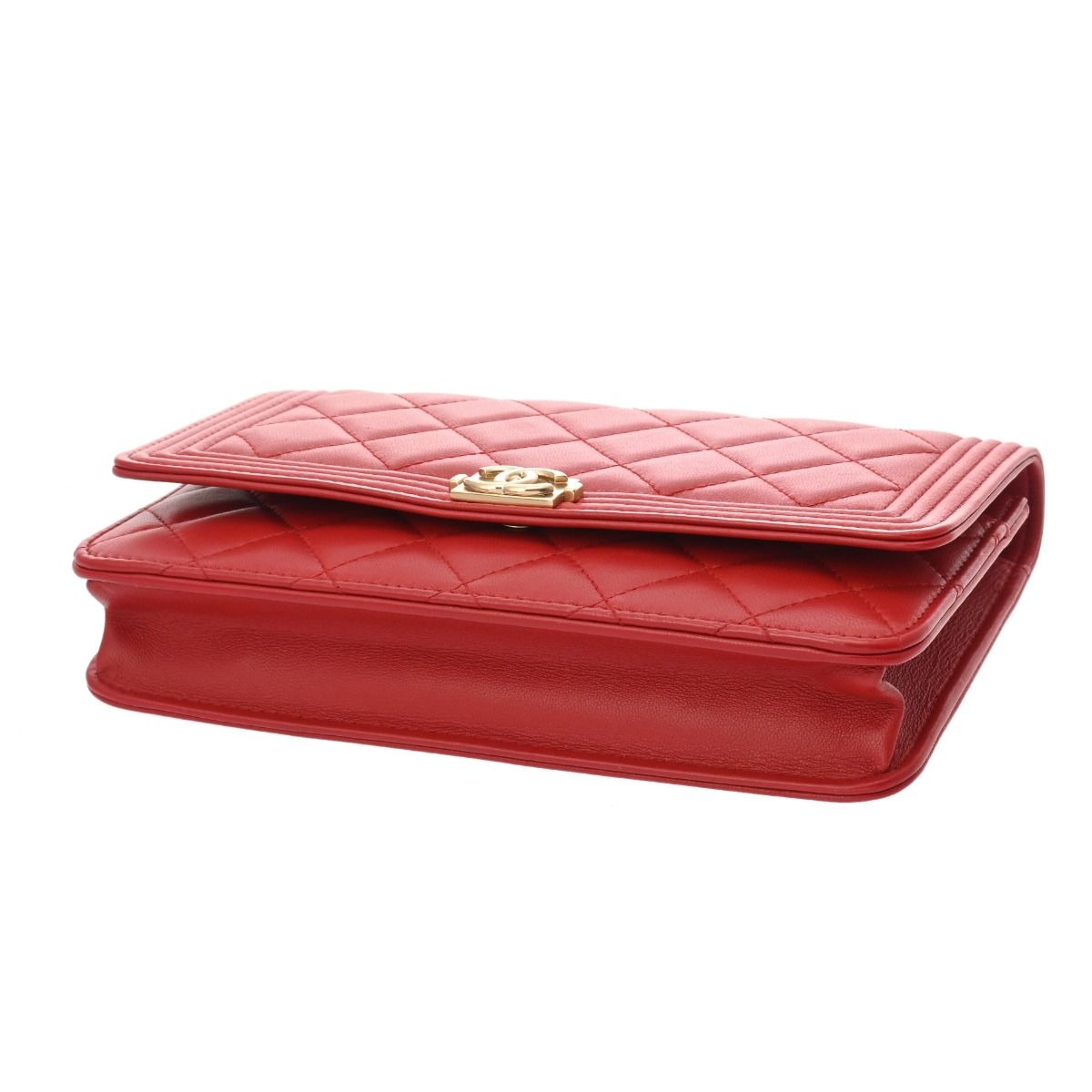 CHANEL シャネル ボーイシャネル チェーンウォレット ガンメタリック ショルダー クラッチバッグ ラムスキン レッド 赤 レディース ココマーク留め具 シャネル ボーイシャネル チェーンウォレット レッド A80287