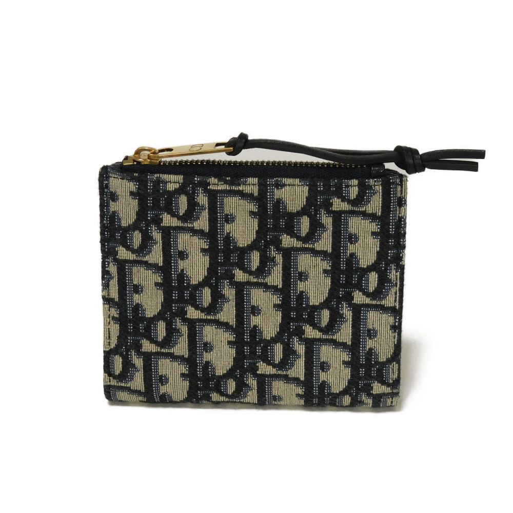 Dior ディオール コンパクト ウォレット ロゴ ネイビー スナップボタン 札入れ カードケース コインケース オブリーク ジャガード 二つ折り財布