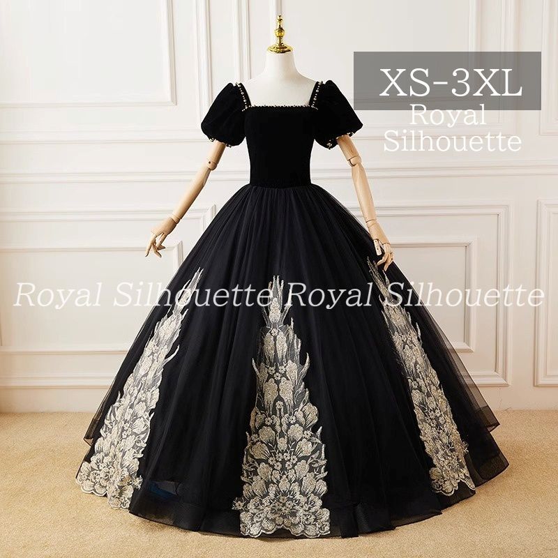パーティードレス ナイトドレス ブラック 黒 パフスリーブ 結婚式 大きいサイズ 謝恩会 XS S M L XL LL 2XL XXL 3XL XXXL パーティー 姫系 発表会 プリンセス フェミニン 豪華 紐タイプ ロング丈