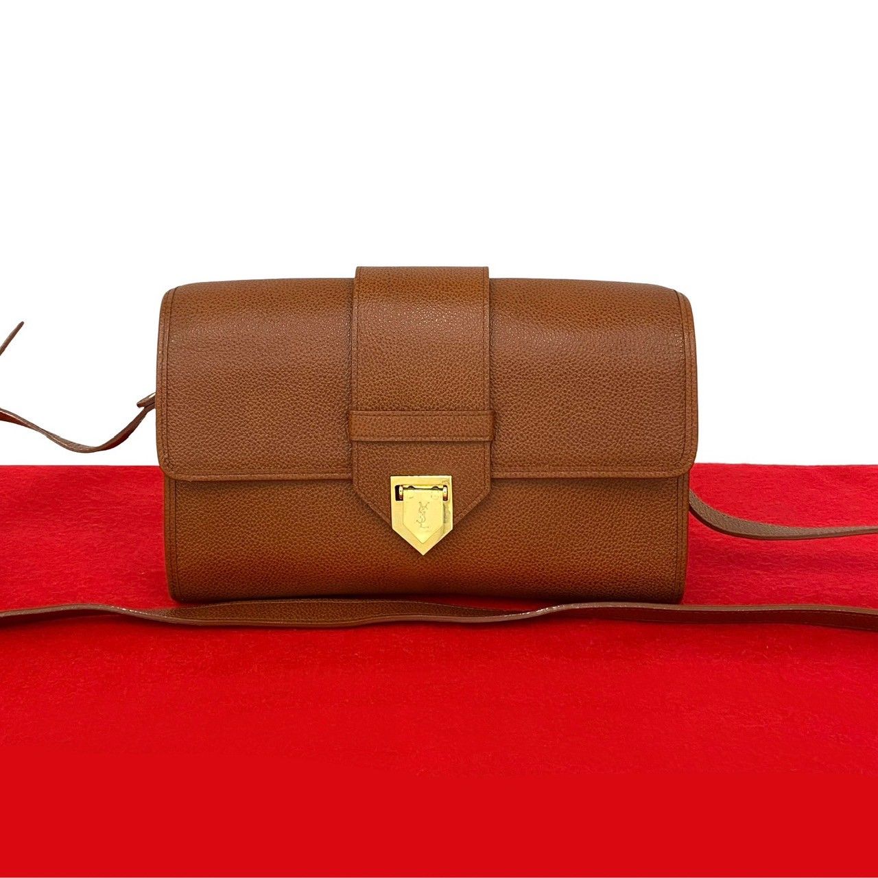 極 美品 イヴサンローラン YSL ロゴ金具 レザー ショルダーバッグ 茶 