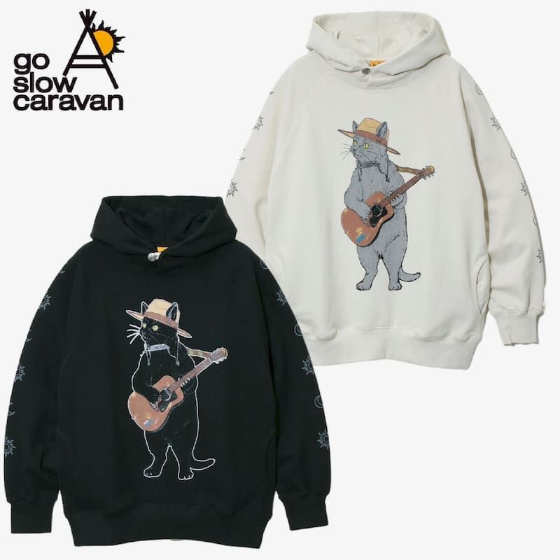 新品 ゴースローキャラバン go slow caravan 長袖 裏毛 パーカー ギター ネコ 猫 ユニセックス メンズ レディース アイボリー オフホワイト 黒 ブラック