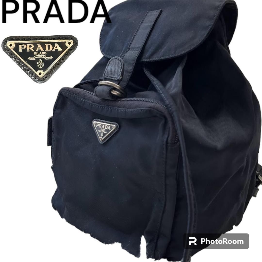 美品　 プラダ 　PRADA リュック 巾着　三角ロゴプレート　ブラックSecondO出品一覧