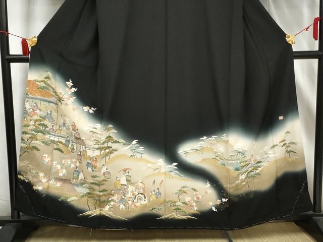 平和屋着物○豪華黒留袖 友禅 作家物 立波風景花文 正絹 逸品