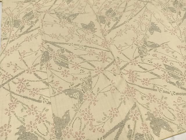 平和屋着物▽越後古代紬 単衣 抽象文様 反端付き 正絹 逸品 AABB2086fy