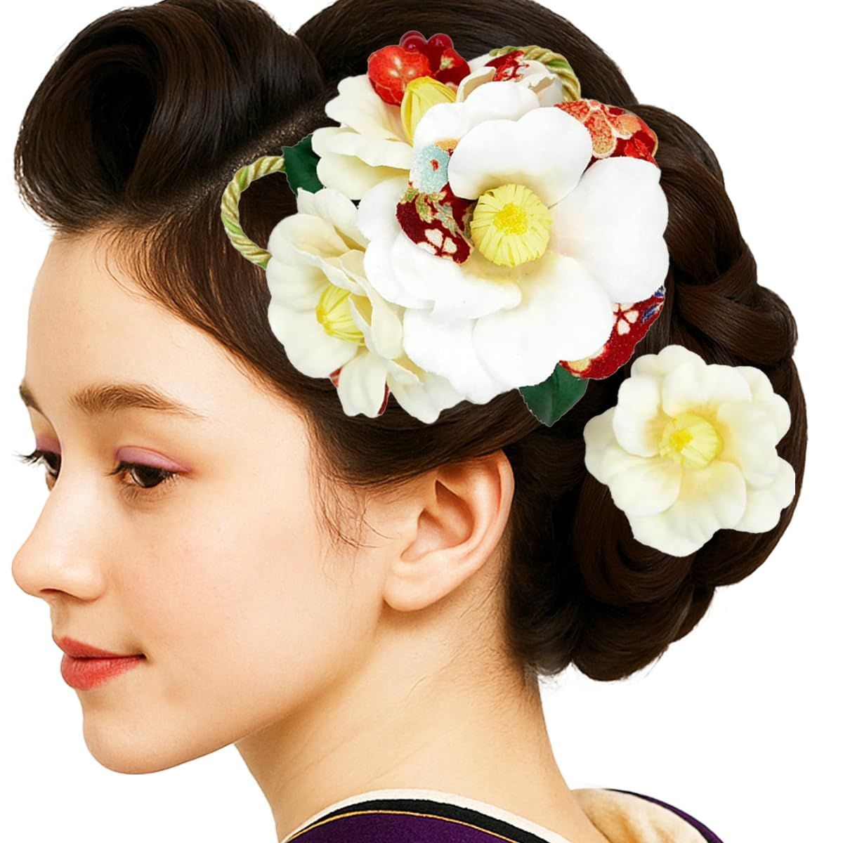 商品 髪飾り２点セット 振袖 成人式 kk-360 ちりめん 白 椿