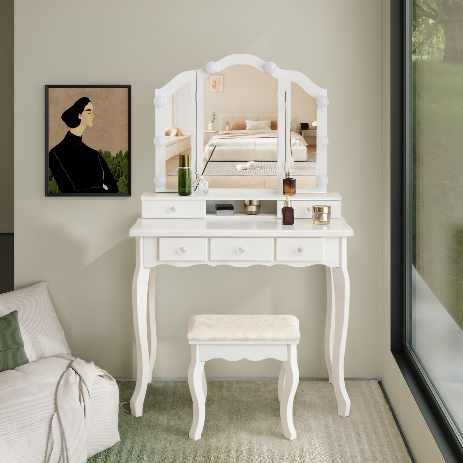 ドレッサー 化粧台 テーブル 鏡台 ライト付き 3色LED 女優ミラー 引き出し 収納 椅子 セット サイド収納 メイク台 シンプル 大容量
