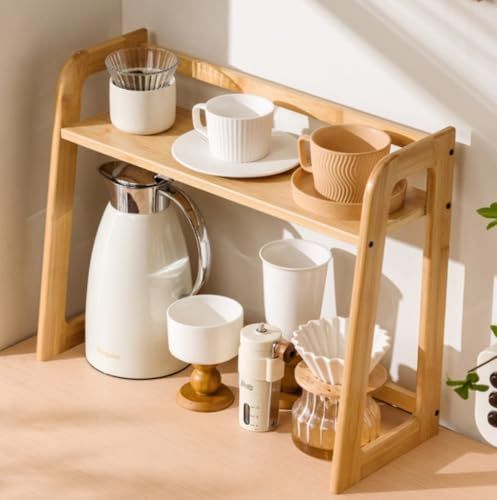 無 オーク材 カウンター上 キッチン リビング 2段 木製 机上 天然木 ブックスタンド キッチンラック 収納ラック ティーセット 水コーヒーカ