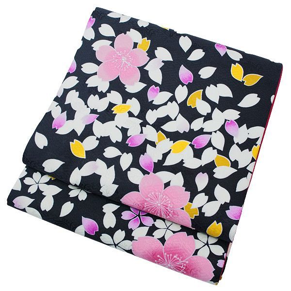 京袋帯 お太鼓 一重太鼓 黒 桜 花びら 紗綾型 地模様 草花 リバーシブル 濃ピンク ポリエステル 仕立て上がり 女性 帯 着物 20代 30代 40代 50代 60代 70代 kyo-r7-gu4