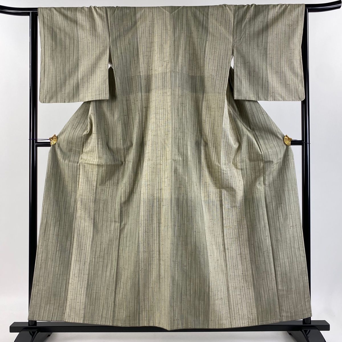 紬 身丈155.5cm 裄丈64cm M 袷 縞 灰緑 正絹 美品 名品 【中古