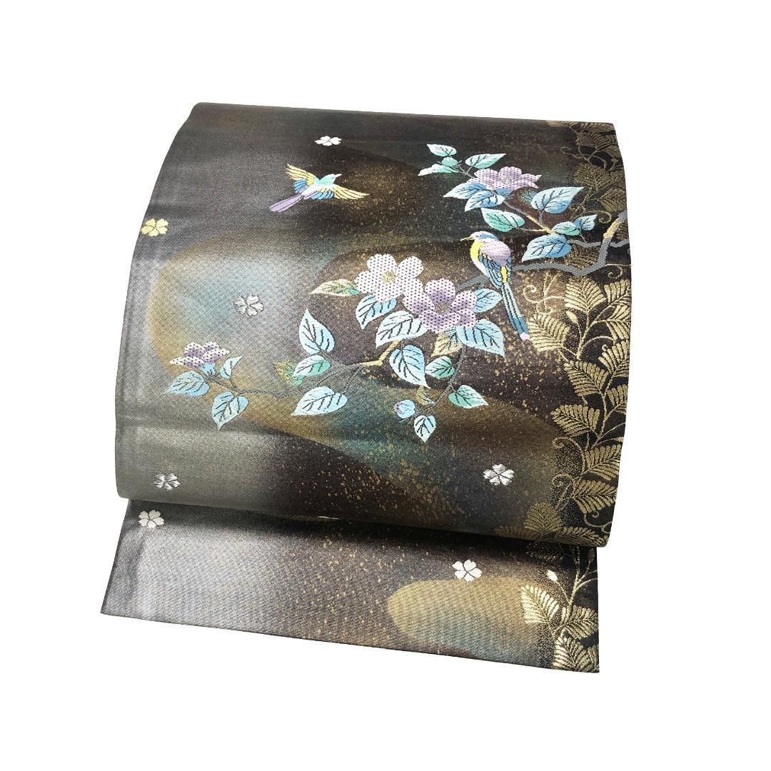 袋帯 花ひとえ 花葉模様に鳥 金銀糸 憲房色 O-5476