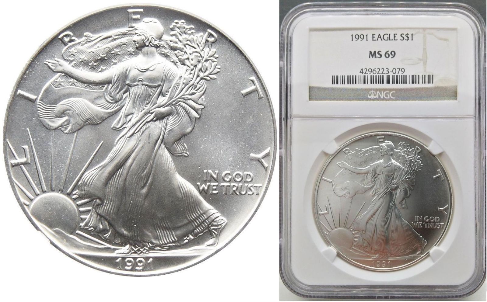 アメリカ 1991　1ドル　銀貨　NGC MS69　シルバーイーグル　自由の女神