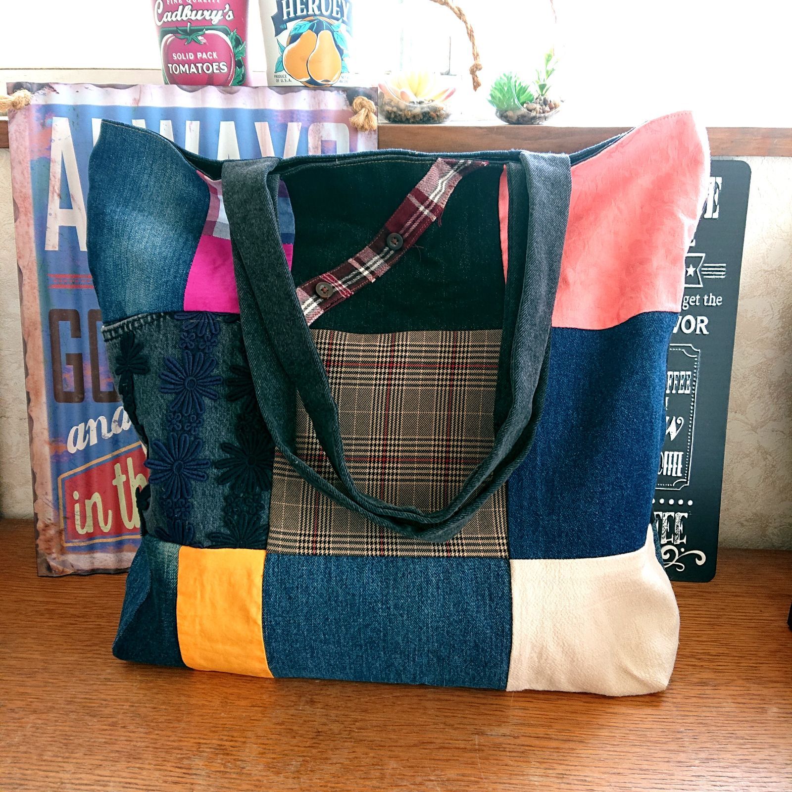 デニムリメイク トートバッグ デニムバッグ 大きめバッグ パッチワーク  レトロ パッチワークデニム×レザーハンドル デニムバッグ トートバッグ