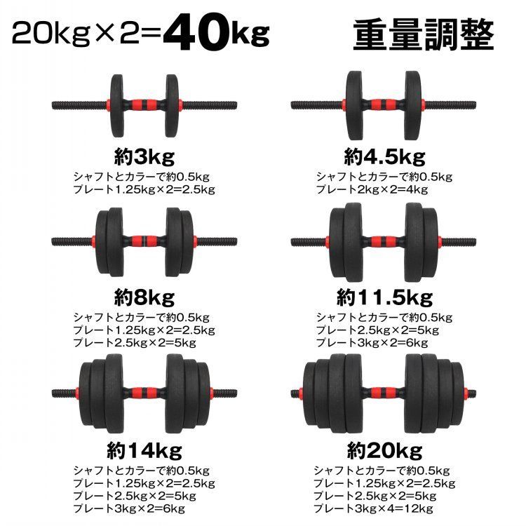 ダンベル 可変式 20kg 2個セット おうち 筋トレ ポリエチレン 錆びない バーベル 鉄アレイ プレート 筋力トレーニング 合計40kg de145