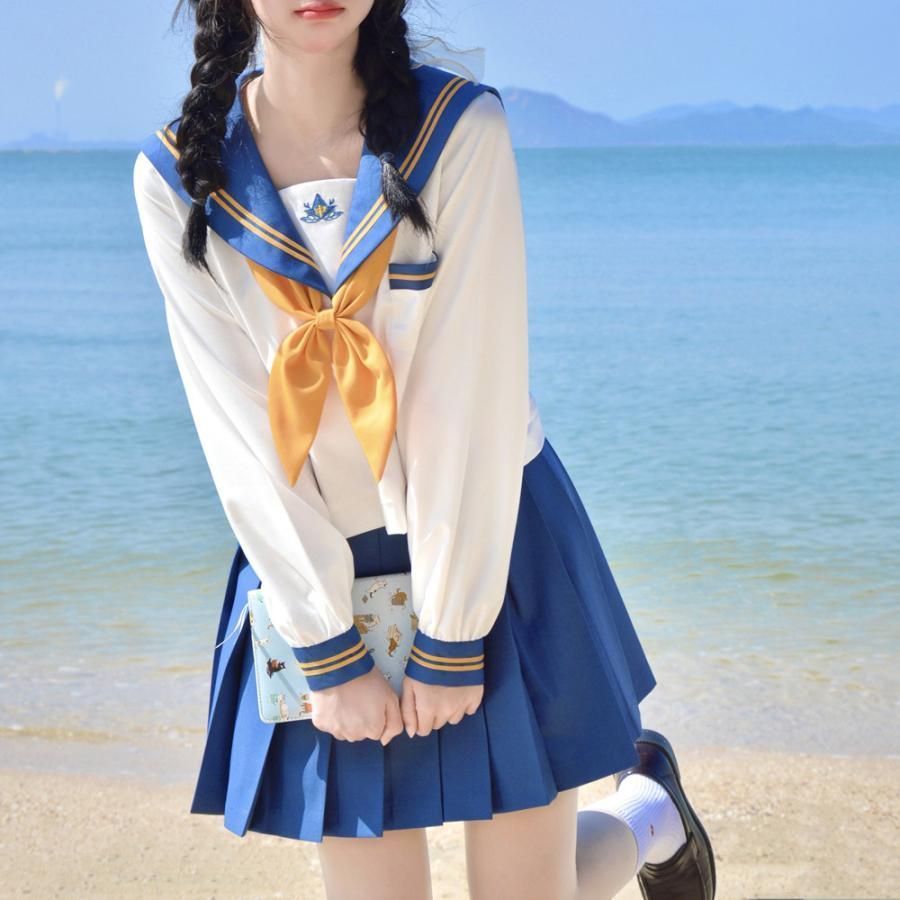 女子制服 セーラー服 コスプレ レディース 制服 青い上着 プリーツスカート スカーフ3点セット 学生服 JC JK制服 仮装 コスチューム