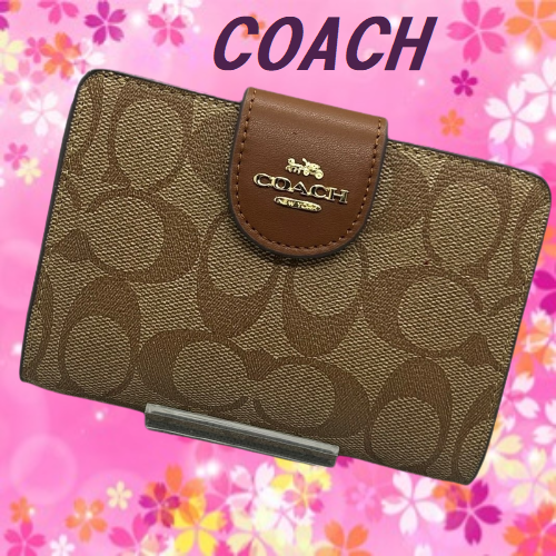 COACH 二つ折り財布 シグネチャー カーキ/サドル