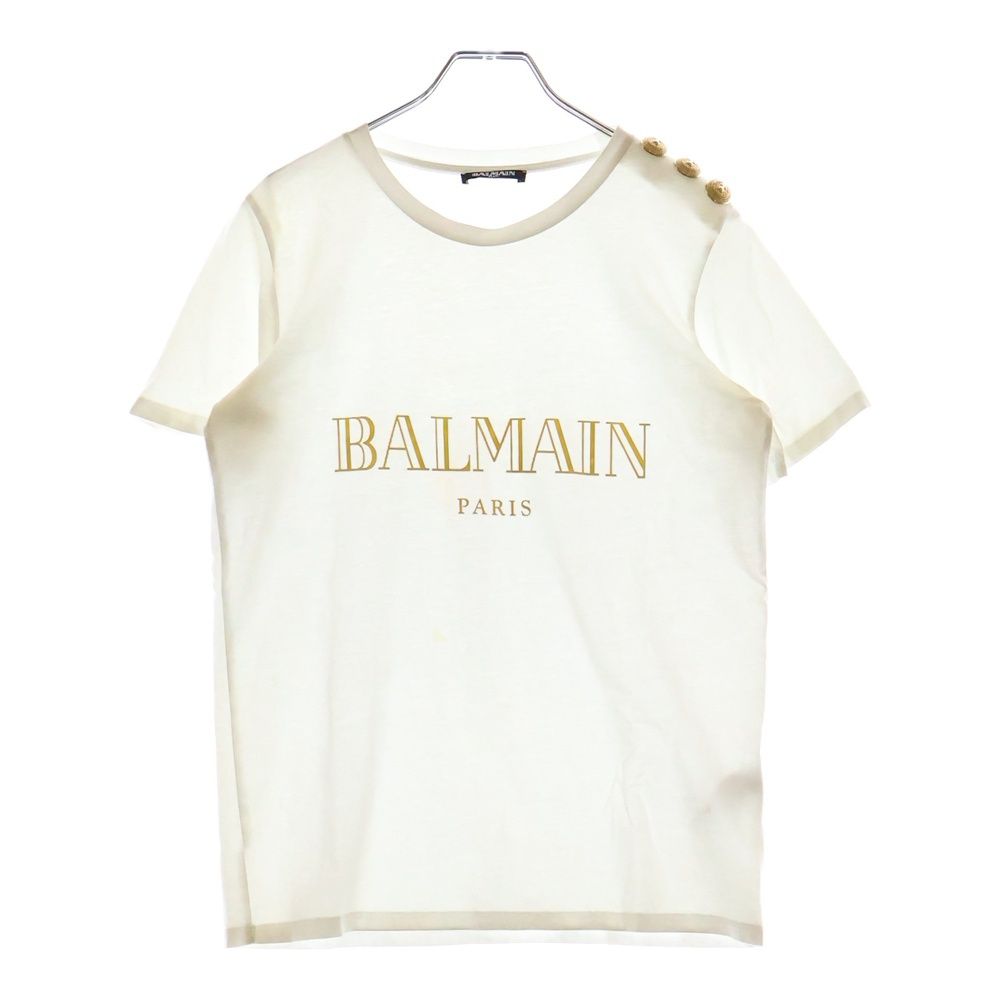 BALMAIN バルマン ショルダーボタン装飾 ロゴプリント クルーネック 半袖Tシャツカットソー ホワイト 108564 326I レディース