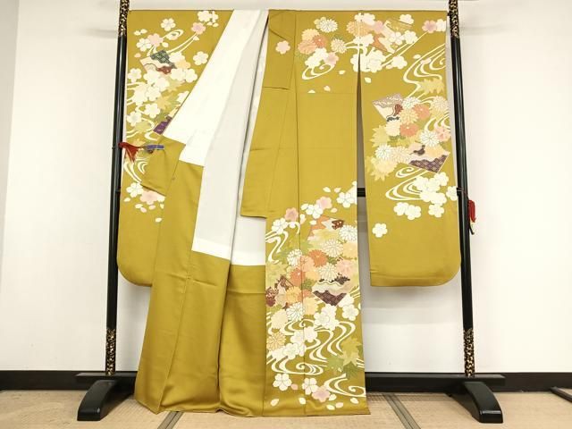 平和屋着物●訪問着　流水地紙草花文　暈し染め　金彩　正絹　逸品　未使用　CAAU2777yc 平和屋着物○訪問着 流水地紙草花文 暈し染め 金彩 正絹