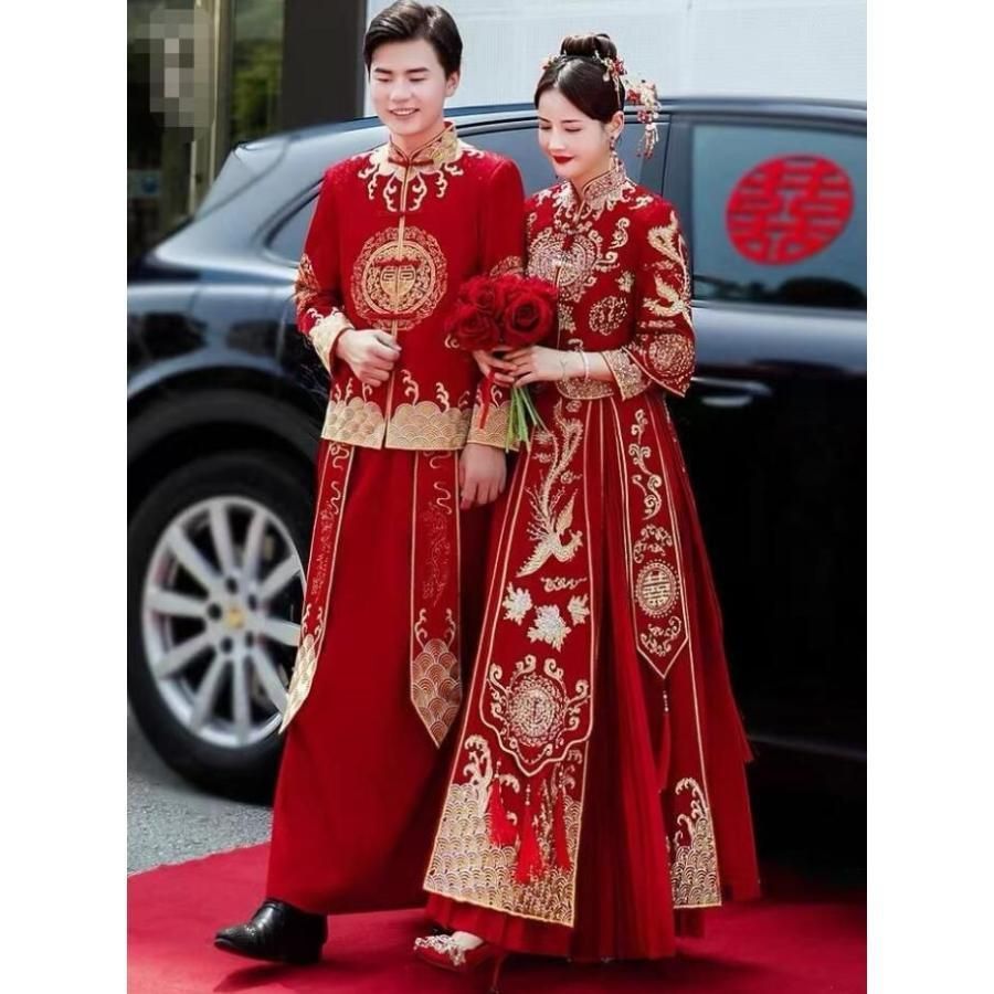 根強い チャイナ風 花嫁衣装 レディース メンズ 中国風ウエディングドレス 中華服 上下2点セット 新郎 新婦 夫婦お揃い 中華服 チャイナ服 中国伝 名品の
