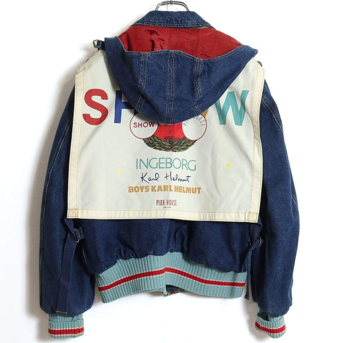 【ピンクハウス】デニムジャケットブルゾンブランド刺繍ロゴ フード付き ピンクハウス】デニムジャケットブルゾンブランド刺繍ロゴ フード付き