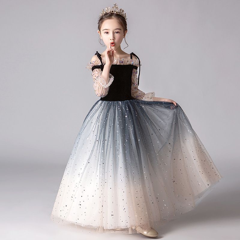 ドレス子供長袖女の子チュールワンピースピアノフォーマルキッズふんわり感ロングワンピース発表会フ ワンピースキラキラー