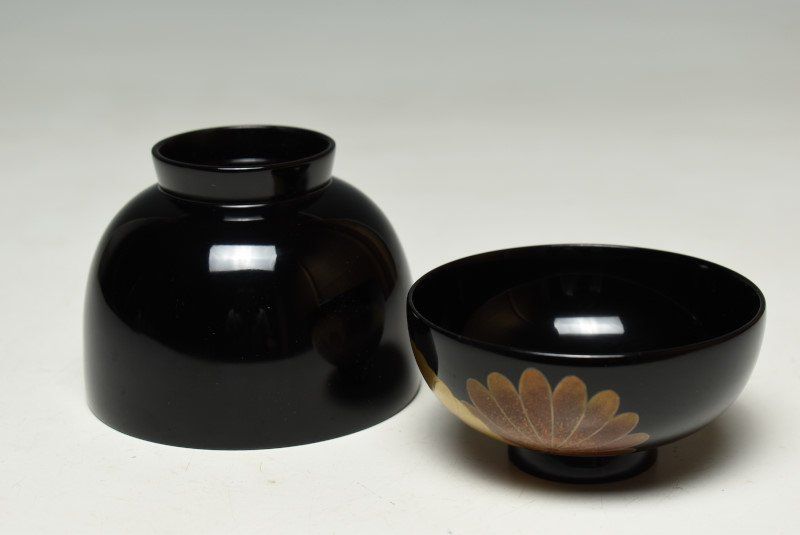 蔵A2668c】輪島 慶塚作 黒蝋色菊桐蒔絵吸物椀 汁椀 五客 共箱 茶