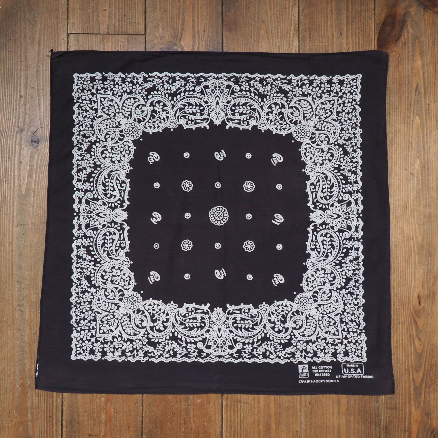 70s 80s USA製 Paris パリス社 ヴィンテージバンダナ 黒 レア