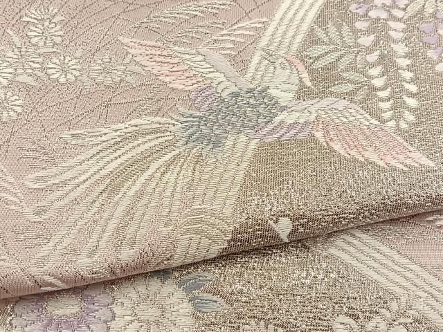 正絹 袋帯プラチナ摺箔二重織 九百錦 扇面花鳥 新品