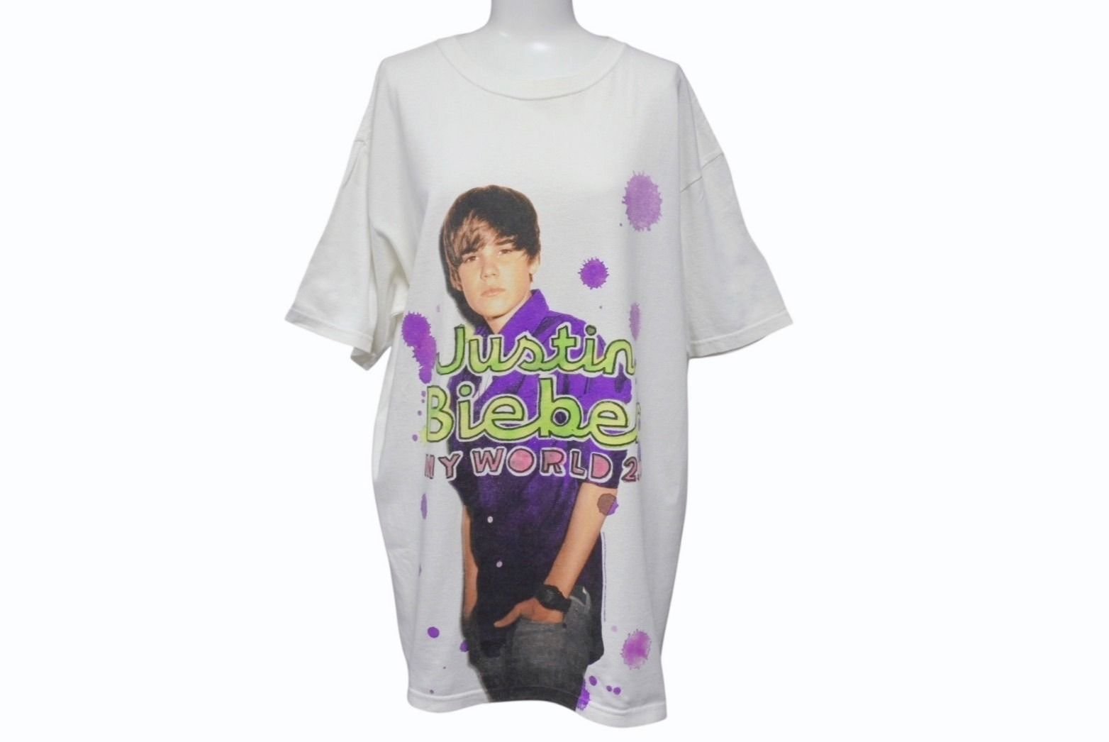 VINTAGE ヴィンテージ Justin Bieber ジャスティンビーバー 半袖Tシャツ コットン ホワイト パープル サイズL 4b001533