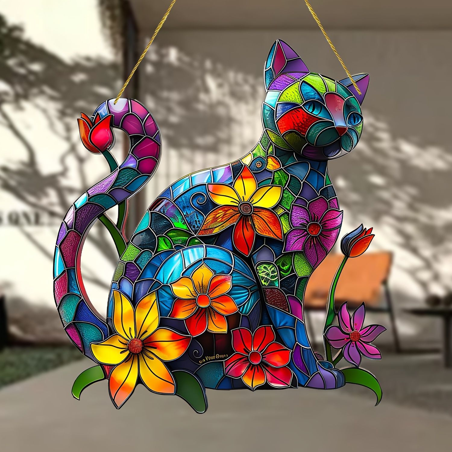 壁掛け ステンドグラス サンキャッチャー 猫 キャット 猫と花 壁掛け ステンドグラス サンキャッチャー 猫 キャット 猫と花