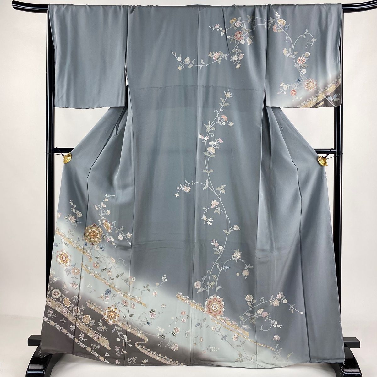 反物 秀品 小紋 舞華扇 花唐草 金彩 灰緑 正絹 中古（正絹