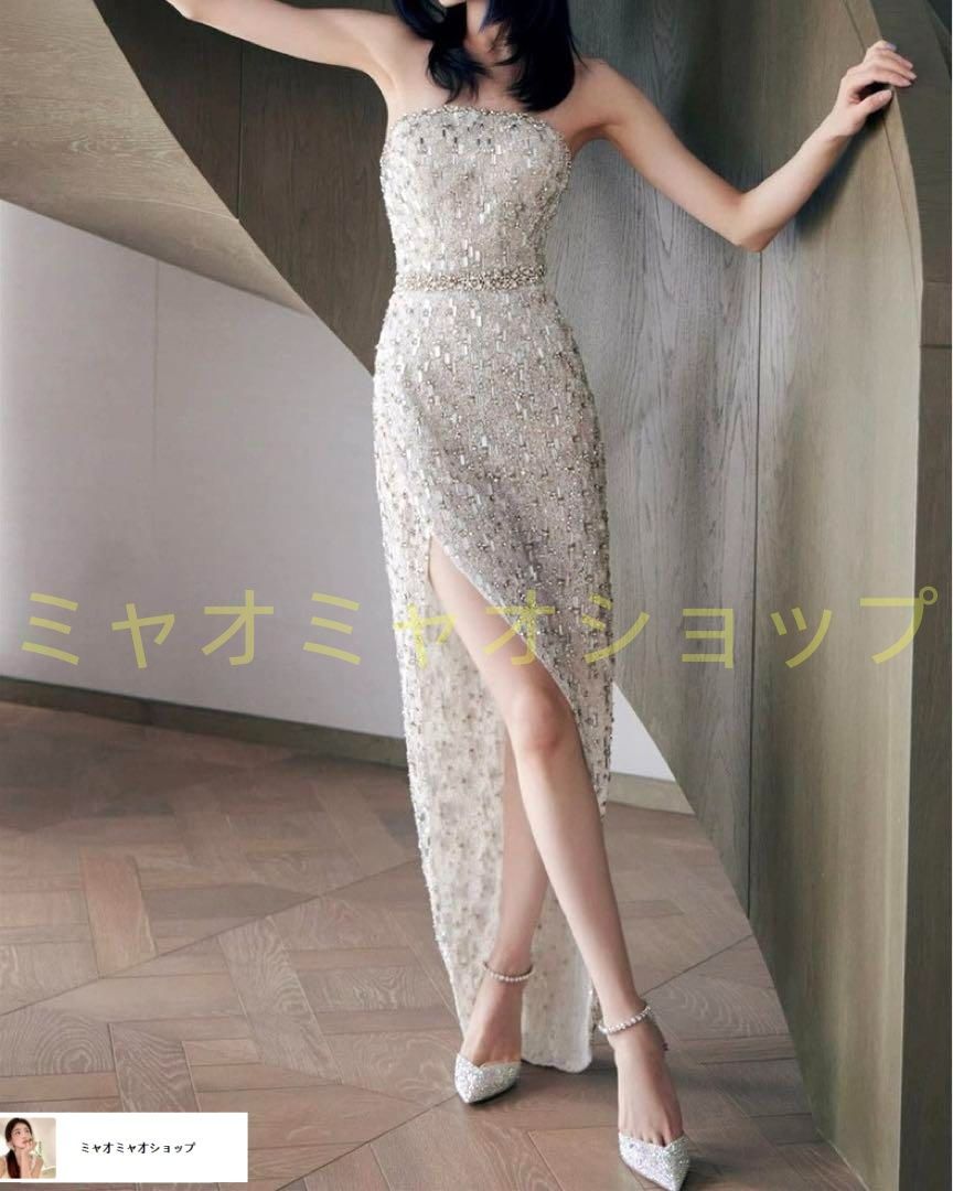 ビジューにスパンコールの煌びやかな イブニングドレス S煌びやかな