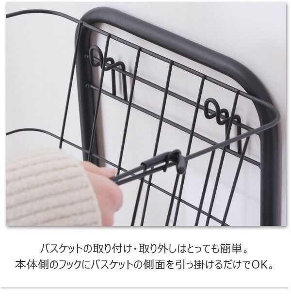 厚みのある ランドリーバスケット 洗濯かご 幅37cm 2段 ブラック 取り外し式かご 木製取っ手 キャスター バスケットワゴン 組立品 脱衣所 防風