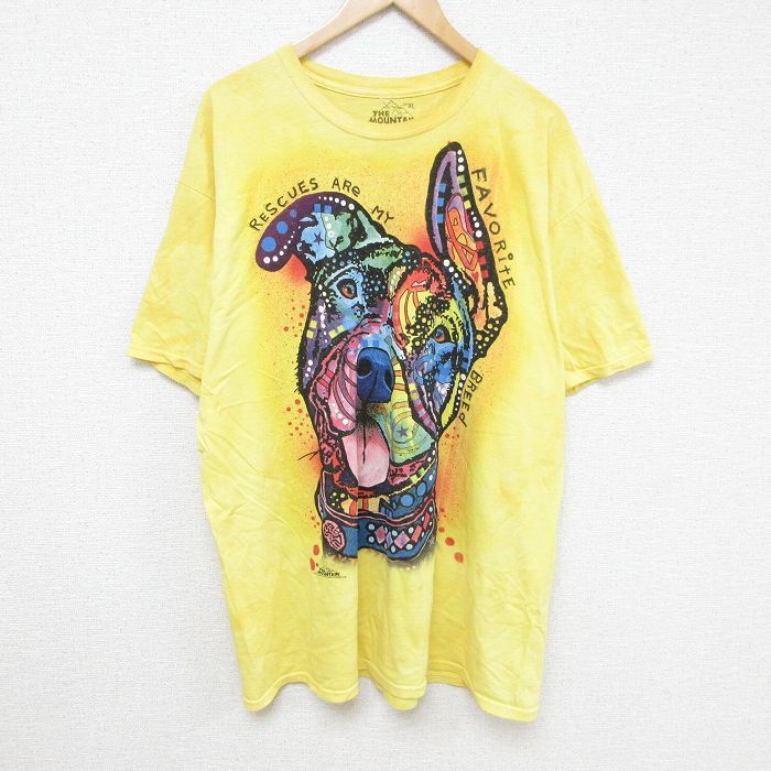 XL/古着 半袖 Tシャツ メンズ 犬 コットン クルーネック 黄 イエロー タイダイ 24aug02 中古