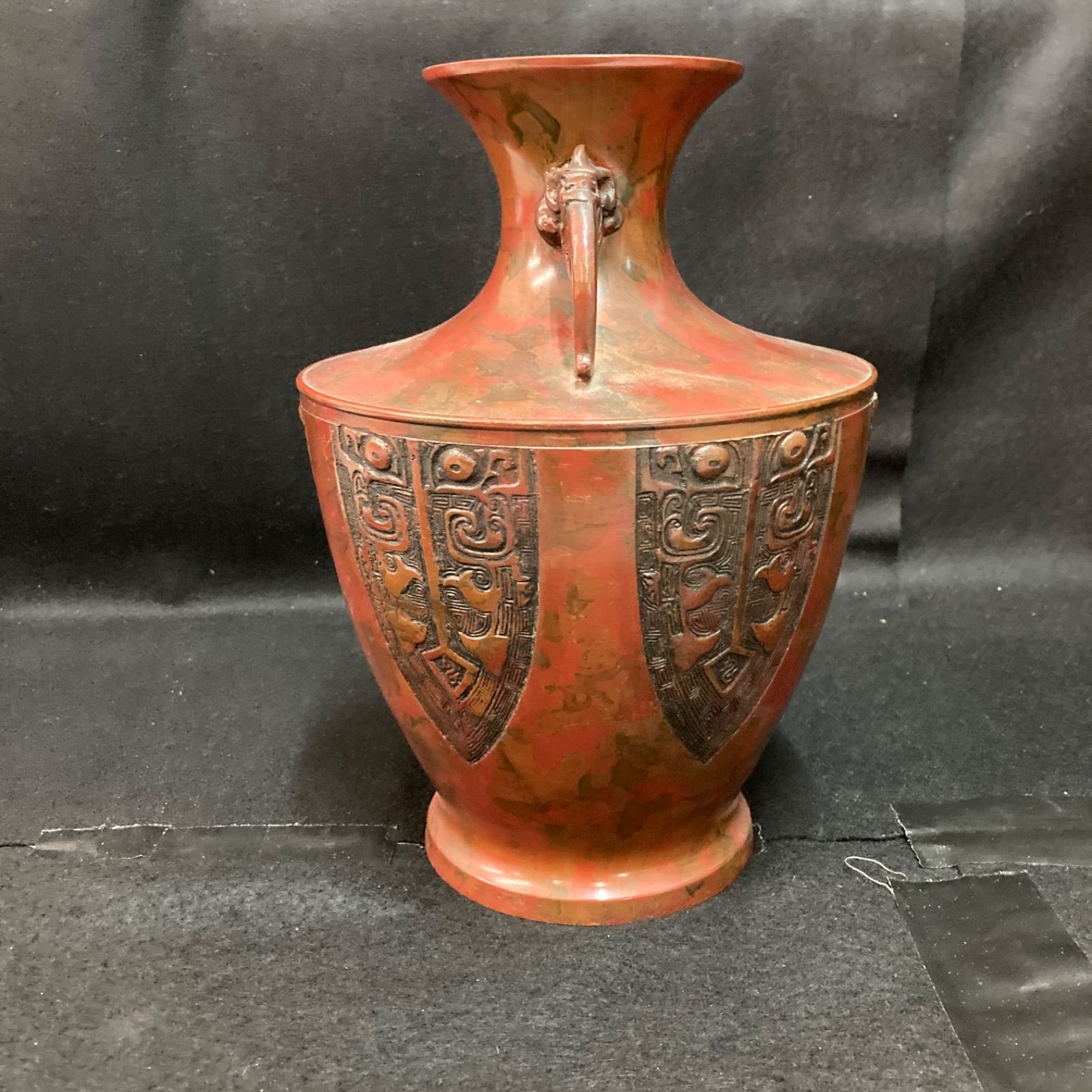 置物 花器 花入 細工盤龍図 時代物 骨董品 高さ:32cm 高岡銅器 龍仙 美術 花瓶 花器 双耳 華道具 鋳銅製 高さ約28.5
